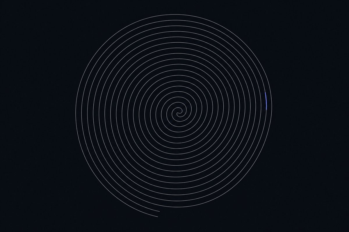 Zeichnung einer durchgehenden Rillenspirale, ein heller Strich auf dunklem Grund, mit einer kurz hervorgehobenen Stelle am Rand.