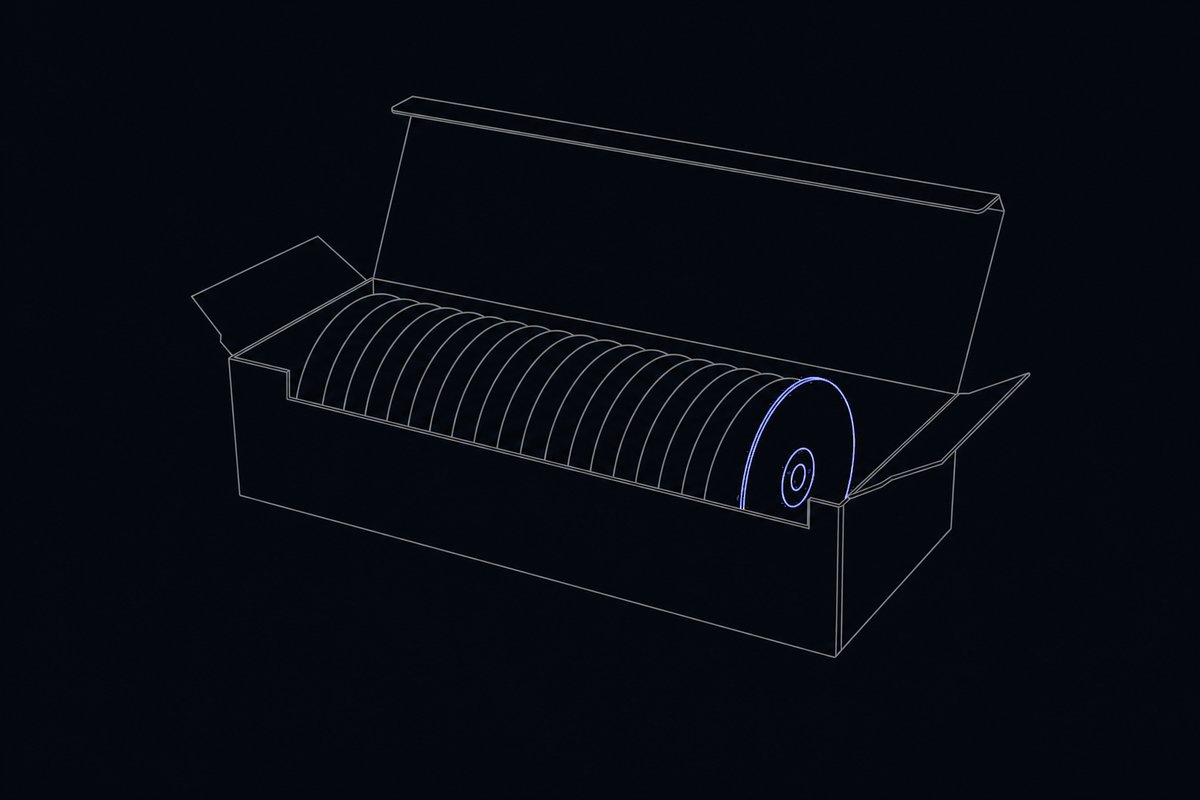 Schematische Darstellung einer flachen Versandkiste mit hochkant stehenden Schallplatten, eine davon hervorgehoben.